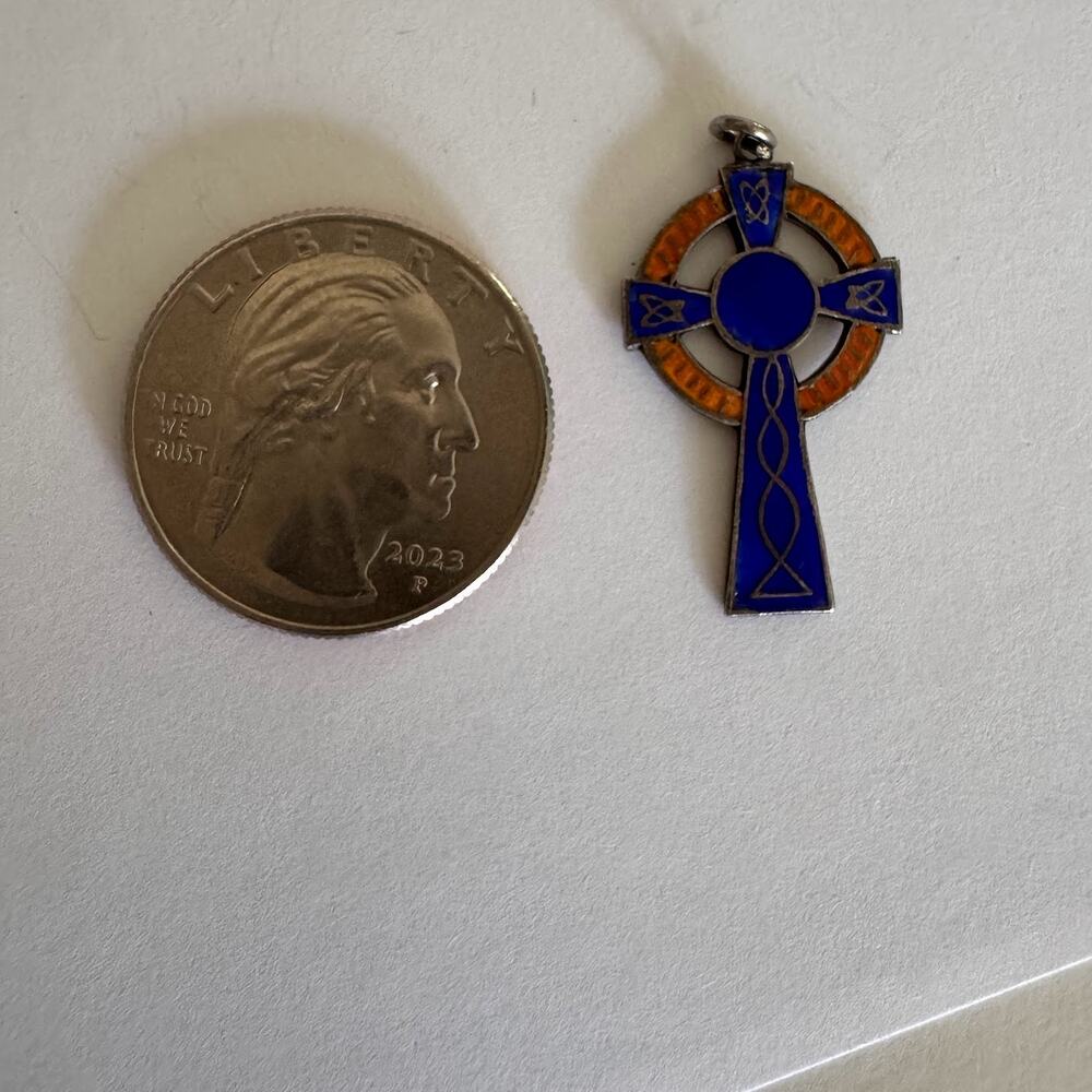 Vintage Sterling Silver Blue Orange Enamel Celtic Cross Pendant Made England 2g - Picture 4 of 6